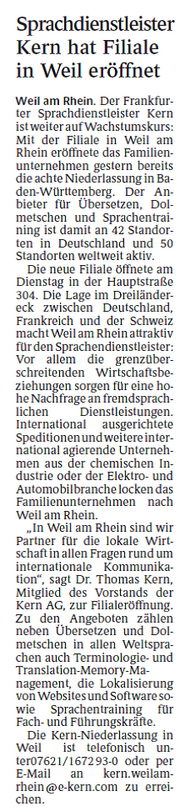 Artikel zur Eröffnung der Filiale der KERN AG in Weil am Rhein.